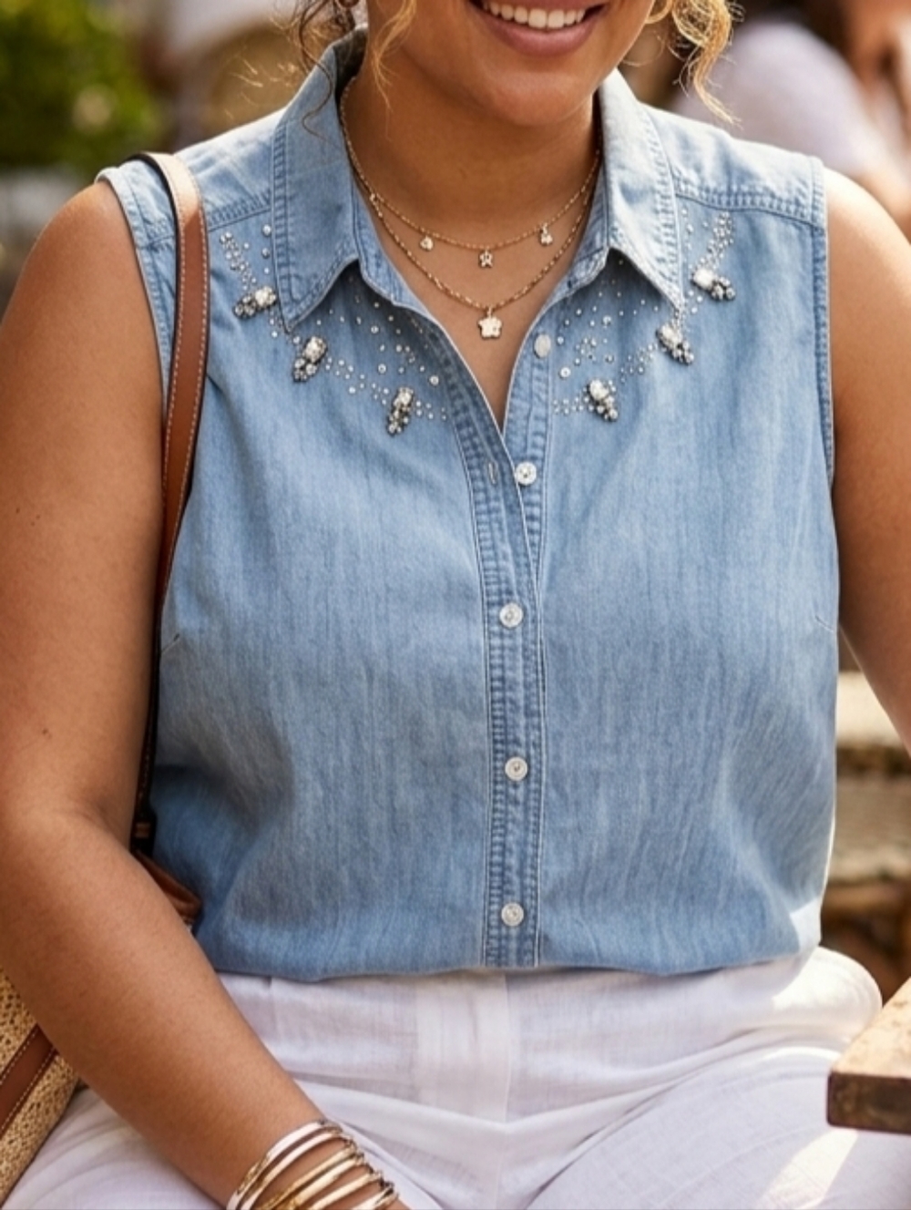 Chico’s Embellished Rhinestone Denim Sleeveless Shirt Size 3 (XL/16)